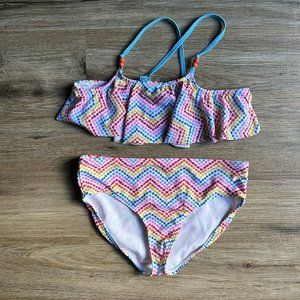 Lands' End Girl's 2 Piece Bikini Set Size 16 Multicolor Colorful Chevron Dot